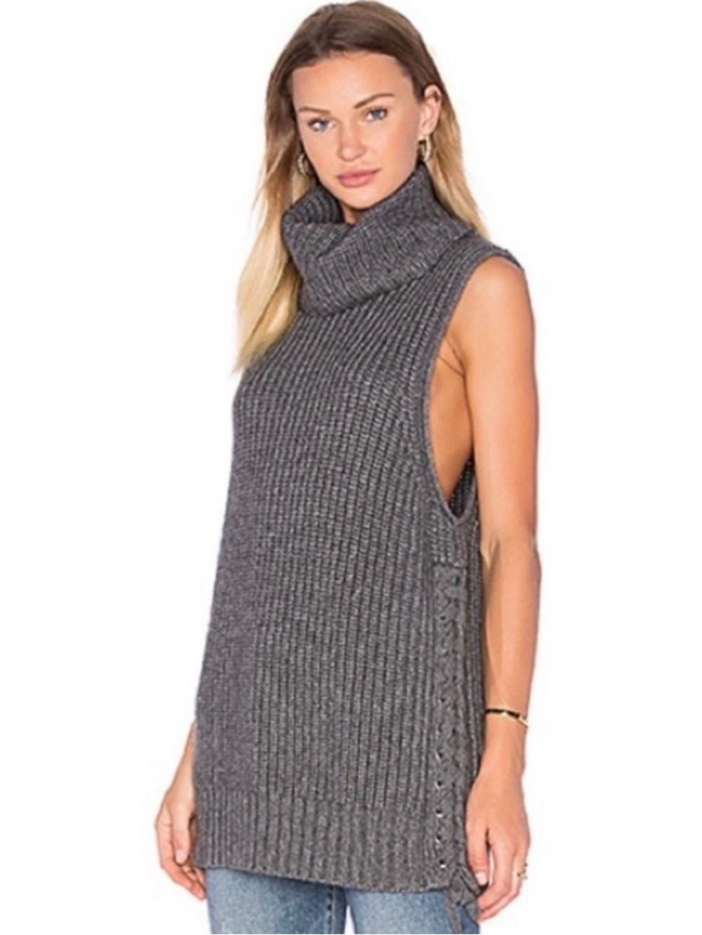Autumn Cashmere Charcoal Sleeveless Cowl Turtleneck Rib Tunic